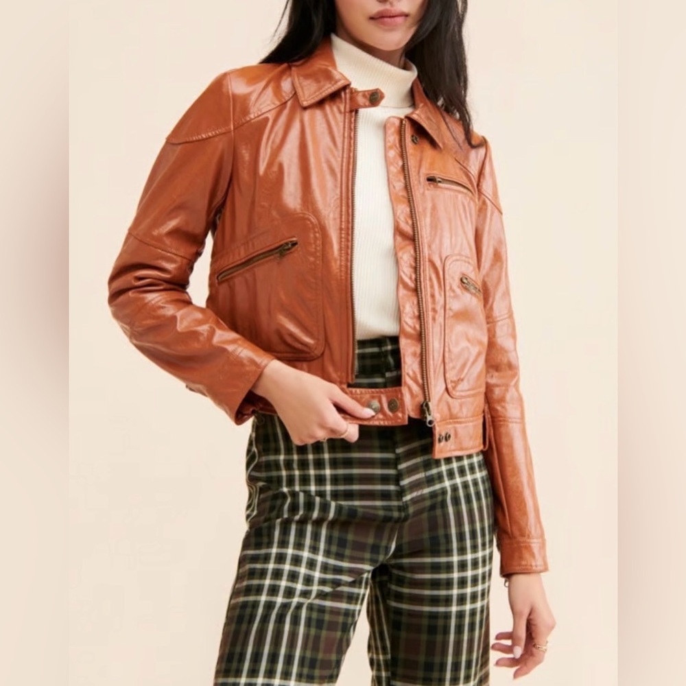 We the Free People Vegan Faux Leather Cognac Moto Jacket Rock